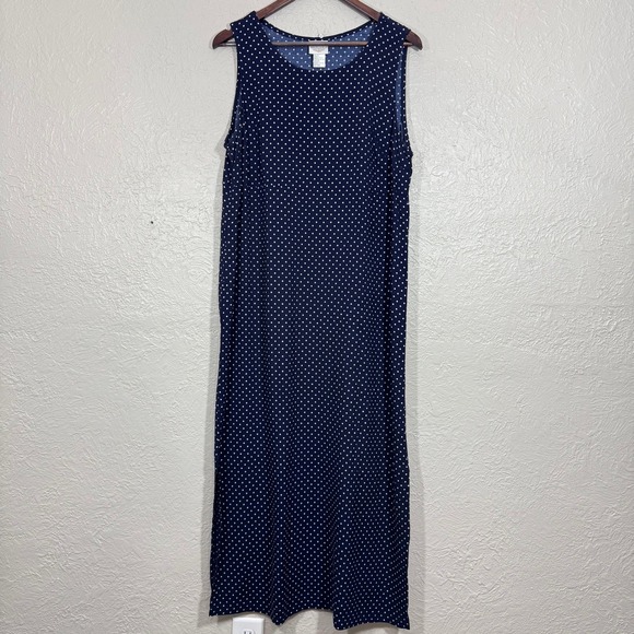 Vtg Bentley Maxi Dress 16 Navy Polka Dot Mod 90s Retro Trad Wife Cottage Garden - Picture 1 of 11